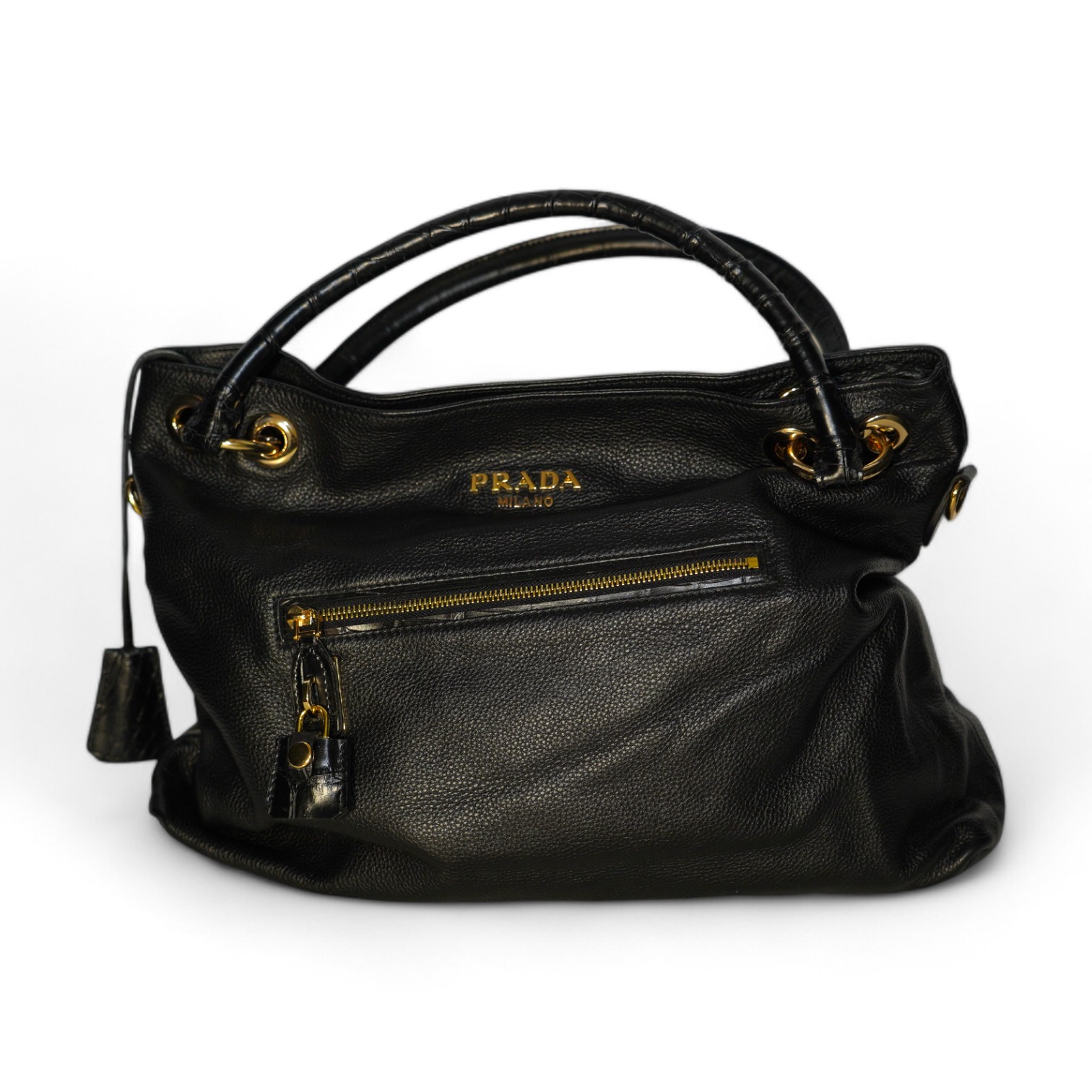 A black leather Prada handbag